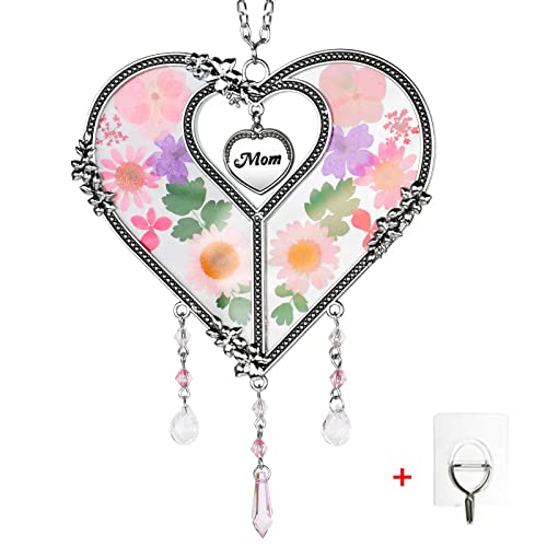 Guoer Heart Suncatcher With Pressed Flower Ornament Stained Glass Wind Chimes With Real Flowers,Birthday For Favorite Person (Mom) #TOP15
