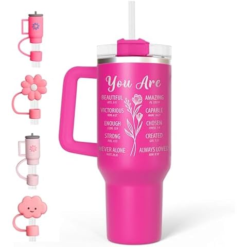 Fancyfams 40 oz Stainless Steel Travel Tumbler with Handle Lid and Straw, Christian Gifts For Women, Mother’s Day Cup Inspiration Religious Self Care Thank You Friend Sister Grandma (You Are - Pink) Cover