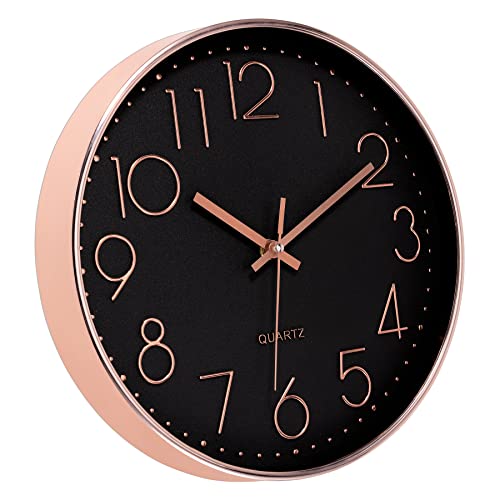 Image of Foxtop Modern Decorative Wall Clock, Silent Non-Ticking Quality Quartz Battery Operated Round Easy to Read for Home Office School (Rose Gold Plastic Frame, Black Dial, Arabic Numbers)