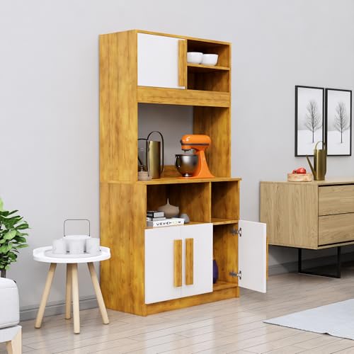 Image of Bniture Multipurpose Kitchen Cabinet | Engineered Wood Crockery Cabinet Modern with 4 Doors & Shelves | Crockery Unit for Dining Area | Kitchen Crockery Cabinet for Home | Giant Wood & Frosty White