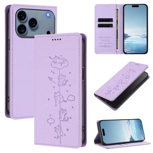 Coque portefeuille iPhone 12 Pro Max en cuir premium violet clair au design chat ciselé