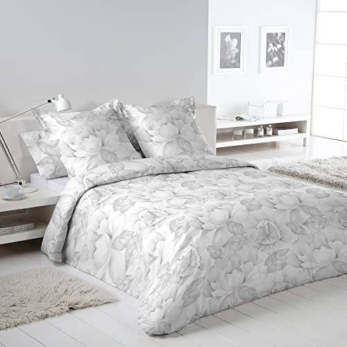 DHESTIA HOME - Juego Funda Nórdica Floral 100% Algodón Cierre Botones Sandra Gris - Color Gris, Talla Cama 135