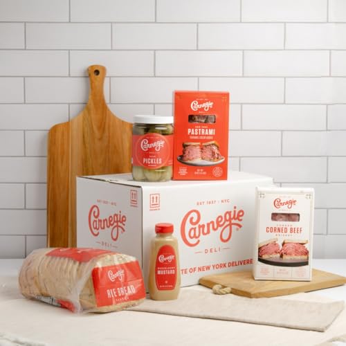 Carnegie Deli New York Pastrami & Corned Beef Sandwich Kit | Pastrami, Corned Beef, Rye Bread, Mustard & Pickles (Serves 8)