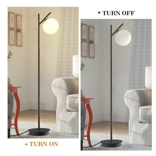 Image of Modern Floor Lamp for Living Room Retro Vintage Tall Standing Lamp Mid Century Black Freestanding Lamp Contemporary Glass Floor Lamps for Bedroom Office Hotel