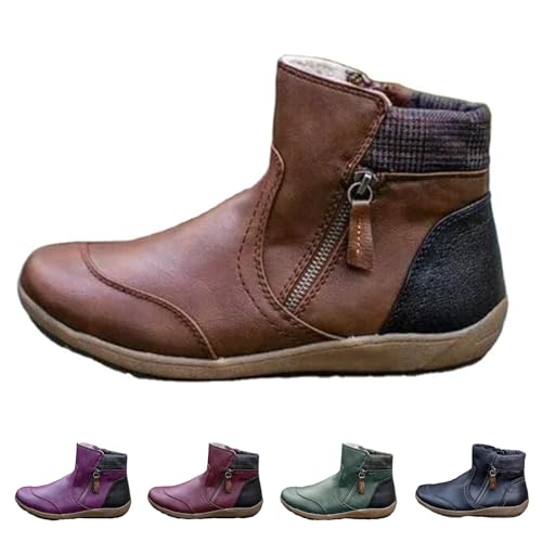 Ankle Boots for Women Western Cowboy Cowgirl Round Toe Short Booties Side Zip-up Vintage Leather Damping Shoes Classic High Top Combat Flat Heel Walking Shoes4