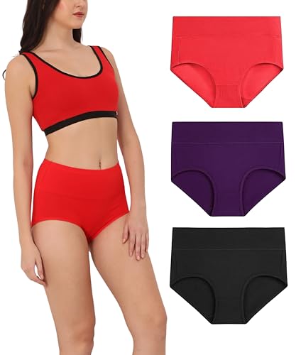 Image of GLAMORAS Women's Cotton High Waist Full Coverage Panty Set, Size M-XXL (Pack of 3 Panty) | High Rise Seamless Brief Panties for Women | Cotton Soft Tummy Support Underwear Panties for Women Combo Set
