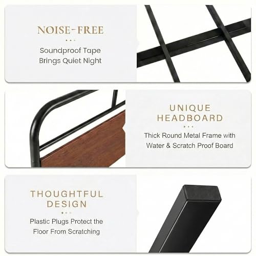 SHA CERLIN Robustes Queen-Bettgestell mit modernem Holzkopfteil, Metall-Plattformbett mit mattiertem Eisenrahmen, 30,5 cm Unterbettkasten, geräuschfrei, kein Boxspringbett erforderlich, Braun – Bild 8