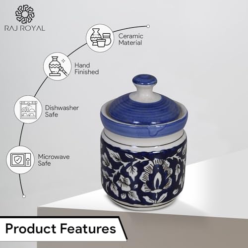 Image of Ceramic Corinchon Storage Jar Container with Lid - Pottery Dry Food Storage Canister Color - Blue, Cornichon Jar - Size: 11x11x12 cm, Capacity-500 Gram