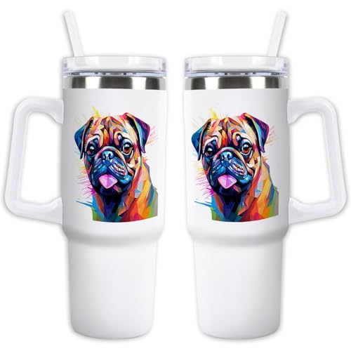 GABSHAIM Smiling Pug Dog Tumbler, Double-Walled Iced Stainless Steel Coffee Cup, 40oz Hot Travel Mug with Handle Straw & Lid, Double Sided Style 3