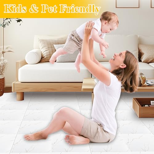 STARVAST 40 Stück PVC Bodenbelag Vinylboden Selbstklebend 30×30cm, 3.6m² Vinyl Klebefliesen Bodenfliesen Fliesenaufkleber für Schlafzimmer Küche Wohnzimmer, Weiß Marmoriert