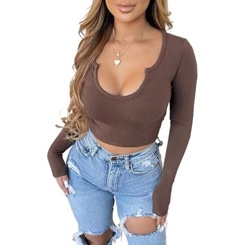 Women's Solid Color Long Sleeve U-Neck Short Top, Polyester Spandex Blend (US, Alpha, Small, Regular, Short, Brown) Cover