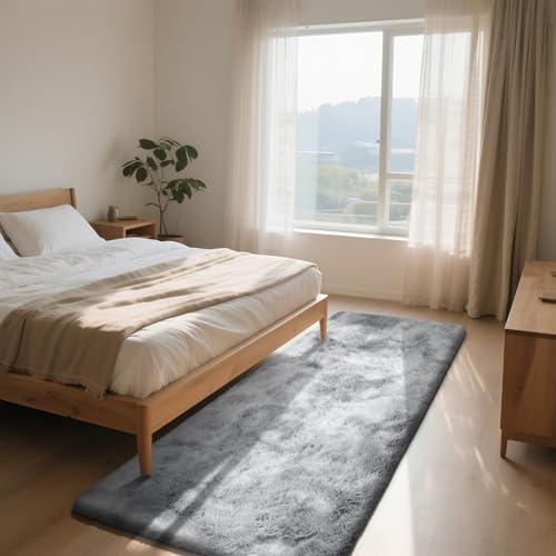 Soft Runner Rugs for Bedroom, Mottling Grey 2x6 Area Rugs Fluffy Rug Shaggy Area Rug Carpet, Bedside Rug for Living Room Bedroom Kids Room Home Decor