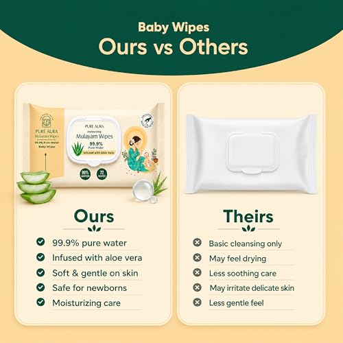 Image of Pure Aura Baby Mulayam Wipes 72 Pulls, Pack of 8 - Doctor Recommended 99.9% Pure Water Wipes with Aloe Vera | Ultra Soft, Thick & Plant-Based | Gentle for Newborns & Sensitive Skin