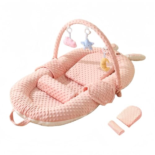 MORLU ベビーベッド 、 折りたたみ式 ベッドイン添い寝 、 新生児バイオニックを傾ける、 携帯型 、 正反面使用可 、吐き戻し防止のクッション付 (ピンクバニー【AB面スージング+スロープマット+おもちゃラック】)