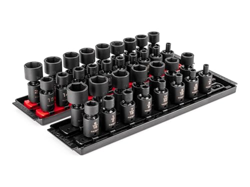 TEKTON 3/8 Inch Drive 6-Point Universal Joint Impact Socket Set with Rails and Trays, 34-Piece (1/4-1 in., 6-24 mm) | SID97201