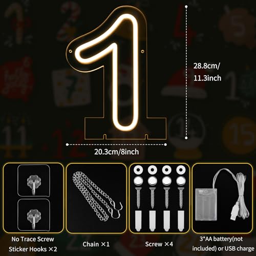 Image of Number 1 LED Neon Sign Backdrop Birthday Party Decoration, 11.3 inch Height Warm White Marquee Number Light Up Sign for Wedding Anniversary Window Wall Table, Indoor Battery Operated or USB