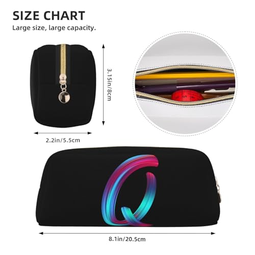 Image of Cute Initial Pencil Case for Kids Simple Leather Pencil Pouch for Boys Girls Letter Design Pencil Box Pen Bag Pencil Pouch Office Stationery Organizer, Rainbow Letter Q