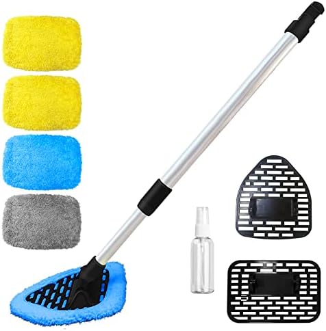 Sonrinss Windshield Cleaner, Microfiber Car Windshield Cleaning Tool with 4 Reusable and Washable Microfiber Pads and Detachable Handle Auto Inside Glass Wiper Kit (Extendable)