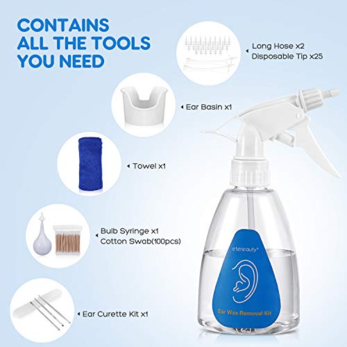 ETEREAUTY Ear Wax Removal Tool, Ear Cleaning Irrigation Kit, Includes 25 Disposable Tips, Basin, Syringe, Long Hose, Curette Set, Towel and Cotton Swab