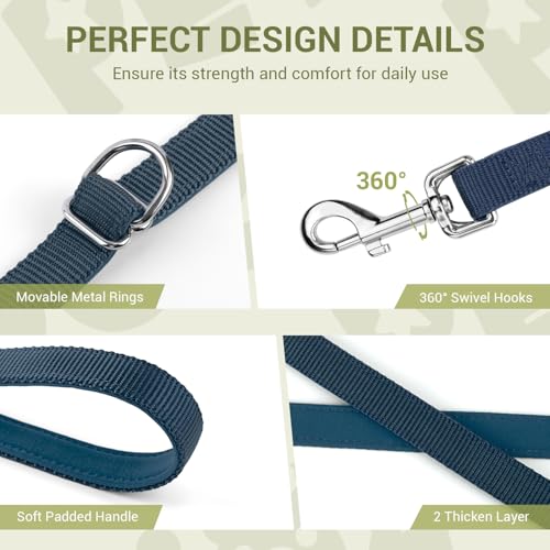 PETCOOZ Hundeleine 3 m Verstellbare Schleppleine, Verdickte Doppelleine Führleine für Hunde bis 30 kg für Kleine Mittelgroße Hunde, Freihandleinen Übungsleine aus Nylon mit 2 Karabiner, Marineblau