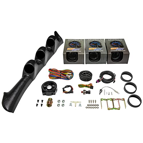 GlowShift Gauge Package Compatible with Ford Mustang 1994-2002 - Tinted 7 Color 30 PSI Boost/Vacuum, 100 PSI Oil Pressure & 300 F Water Temperature Gauges - Black Triple Pillar Pod