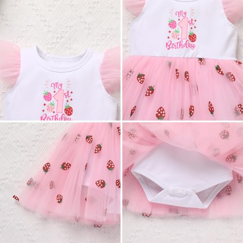 ODASDO Baby Girl First Birthday Cake Smash Outfit Ruffle Sleeve Tulle Tutu Princess Romper Dress with Bowknot Headband4