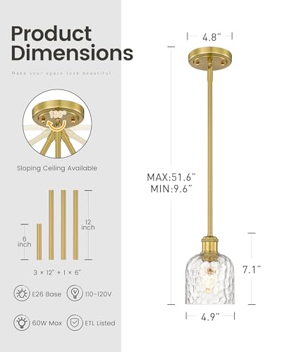 Image of zeyu Modern 1 Light Hanging Lamp, Hanging Lighting Fixture Set of 2, Gold Pendant Light with Clear Hammered Glass, Brushed Gold Finish, ZJF63MIL-2PK BG