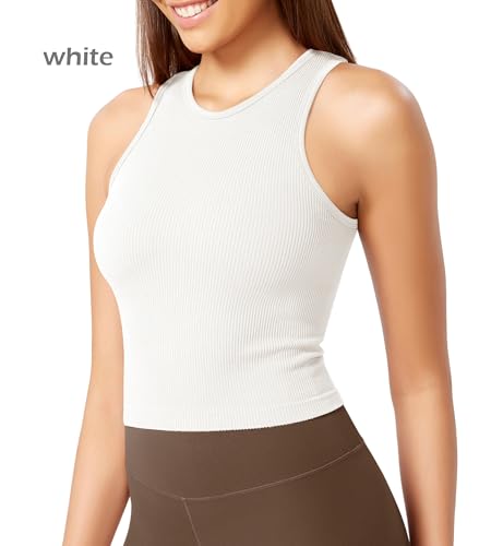 ODODOS 3-Pack Seamless Crop Tank for Women Ribbed Soft High Neck Cropped Tops2