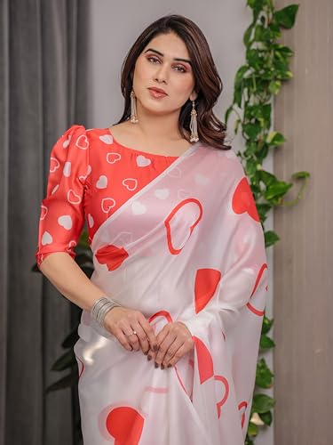 Image of ALMAARI FASHION Women's Floral Printed Georgette Satin Saree with Unstitched Blouse Piece | Traditional Ethnic Wear Sarees | Soft Lightweight Ethnic Office Wear Daily Wear Indian Sari (SG 151-160 H)