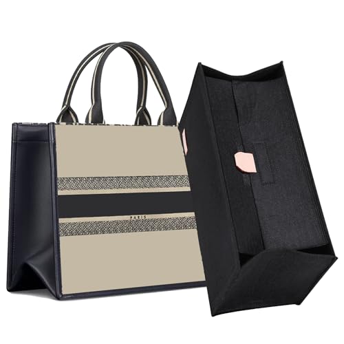 Doxo Purse Organizer Insert, Felt Bag Organizer Insert with Zipper, Perfect for Lv Onthego GM 40 & D Book Tote Large (Black-With Cover)