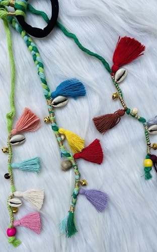 Image of Zippy Flora Boho Handmade Colorful Hair Strings for Navratri /Ethnic Look /Bohemian Styling, Colorful Braided Hairband, Thread Hair Accessories & Extensions (Shoulder Length (12-14 inch), Green)