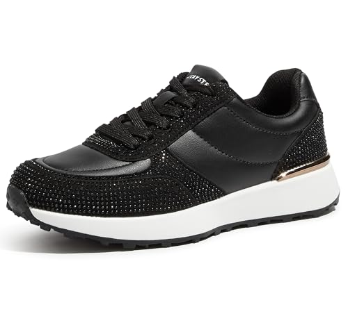 LUCKY STEP Women's Fashion Casual Sneakers Platform Rhinestone Retro Trendy Tennis Travel Walking Shoes Anti-Slip Comfortable Lace-up Footwear