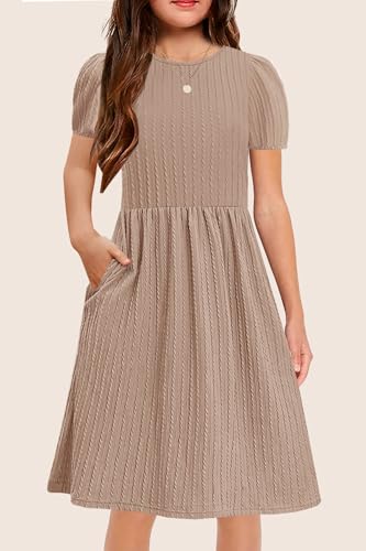 YOVION Girls Summer Dress Crew Neck Puff Sleeve Plain A-Line Casual Knit Dresses with Pockets for 6-12 Y3