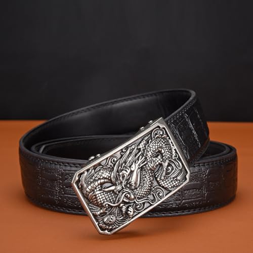 Men Ratchet Embossed Belt,Crocodile Pattern Leather Strap Automatic Buckle Carved Dragon Dress Casual,Trim to Fit3