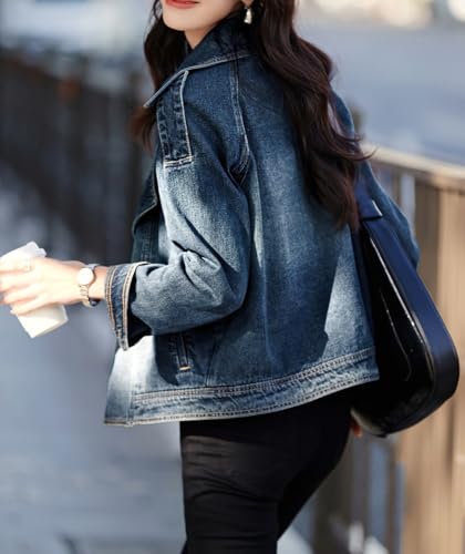 chouyatou Women's Casual Denim Blazer Notched Collar Jean Jacket Button Down Cropped Short Trench Coat3