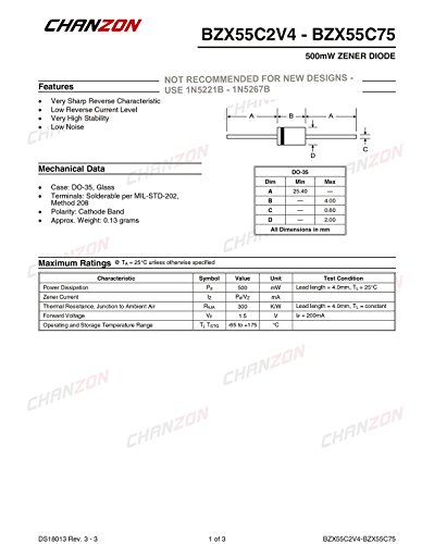 (Pack Of 100 Pieces) Chanzon Bzx55C3V3 (1N5226B) Zener Diode 0.5W 3.3V Do-35 (Do-204Ah) Axial Diodes 0.5 Watt 3.3 Volt #TOP1