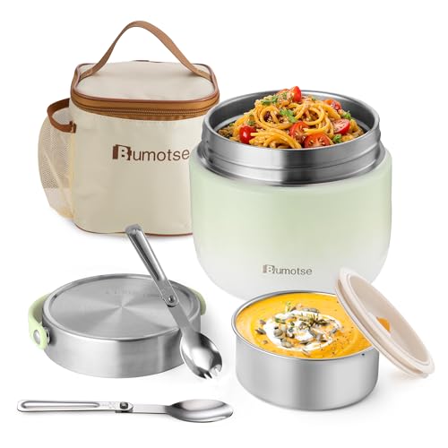 Bumotse 40oz Insulated Food Jar with 2 Compartments, Leak-Proof Thermo for Hot Food Wide Mouth Stainless Steel Includes Spoon and Fork Soup Thermo Lunch Containers Bento Box for Adults（Green