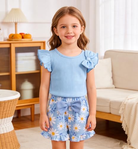 Image of Barlver Girls 2 Piece Short Set Baby Girl Summer Clothes Ruffle Sleeve T-Shirt and Bow Knot Shorts Toddler Girl Outfit Set