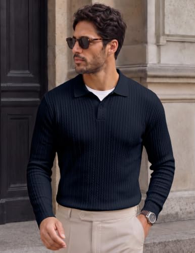 Image of JMIERR Mens Polo Shirt Long Sleeve Casual Button Dress Knit Golf Polo Shirt