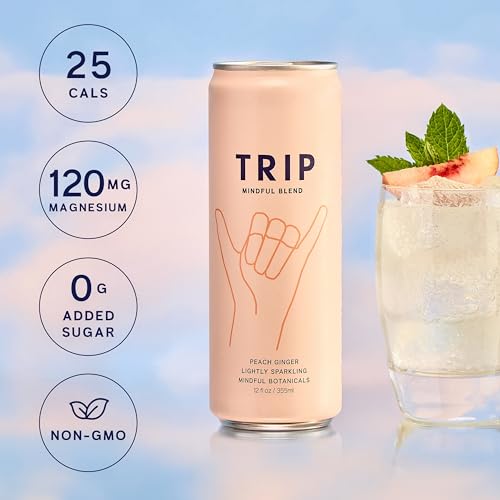 TRIP Lightly Sparkling Adaptogen Drink, Non Alcoholic Drink with Magnesium, Ashwagandha, Lions Mane & L Theanine, No Added Sugar Mocktail, Vegan, Peach Ginger, 12 Oz, 12Pk