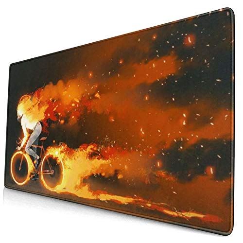 Gaming Mauspad 750x400x3mm Orange Malerei Mann Reiten Mountainbike Brennen Feuer Menschen Sport Erholung Fahrrad Räder Aktion Office Mauspad