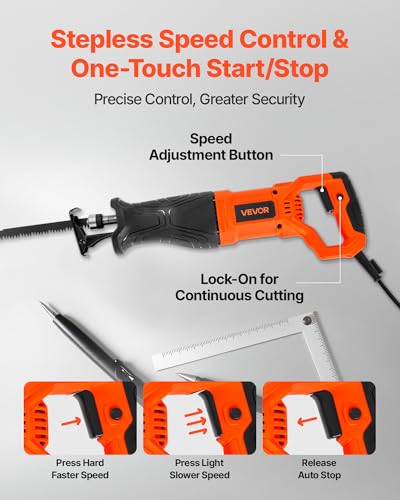 Image of VEVOR 7.5 Amp Corded Reciprocating Saw, 1-1 /8 inch Stroke Length, Power Reciprocating Saw with Variable Speed, 2800 SPM, 8 Blades & Bag Included, for Wood, Metal, and Plastic Cutting