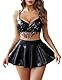 Avidlove Damen Dessous Set Latex Sexy Sommer Mini Röcke Kurz Leder Reizwäsche Babydolls 3-Teiliges Set Mit Fransen BH und Slip Rave Outfit Party Clubwear Schwarz M
