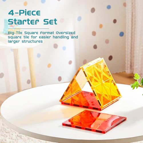 Image of Amazon Brand - Jam & Honey Magnetic Tiles Add-On for Kids | 4 Pcs Big Tile Square Foundation Set | Compatible with Magnetic Tiles | STEM Learning & Creative Construction Toy | Brain Development & Educational Play | Durable MABS Plastic with Strong Magnets | Ages 3+ Years | Multicolour | Product Dimensions: 17.5 x 15.5 x 3.5 cm