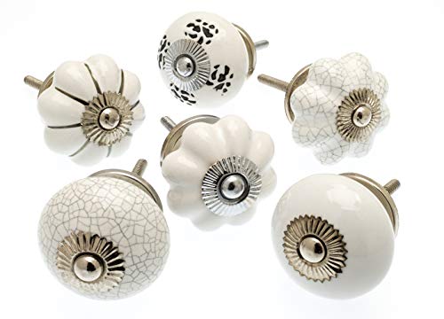 knoa - Pomos para muebles con efecto craquelado envejecido, blanco y plateado (juego de 6)