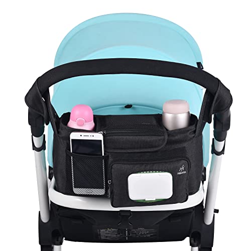 Image of Hakofrik Universal Baby Stroller Organizer, Stroller Caddy with 2 Insulated Cup Holders Fits Almost All Stroller and Pushchair. Easy Access Wipe Holder, Free Shoulder Strap with Soft Cushion.