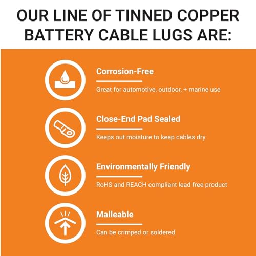 SELTERM 10pcs - 2/0 Awg - 5/16" Stud - Battery Lugs - Ring Terminal Connectors with 12pcs 3:1 Black & Red Heat Shrink Tubing with Adhesive | Heavy Duty Battery Cable Ends - Tinned Copper Wire Lugs Kit