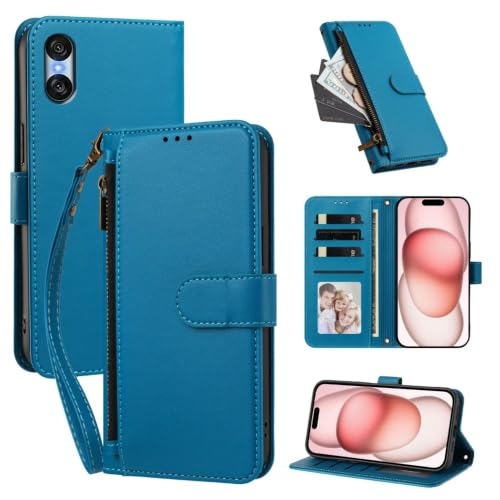 Étui à rabat en cuir Sony Xperia 10 IV bleu fermeture éclair magnétique