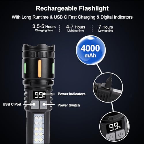 Flashlights High Lumens Rechargeable 3 Packs, 900,000L Handheld Tactical Led Flashlight High Powered with 5 Light Modes, Cob Side Light, USB C, Zoomable, Super Bright Flash light for Emergency