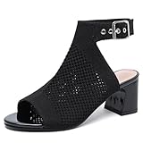Women'S Knit Stretchy Fish Mouth Chunky Heel Sandals With Adjustable Ankle Strap Fashion Comfortable Mesh Breathable Slingback Block Heel Sandals Summer Casual Work Office Wedding Dressy Pumps (Black,7)